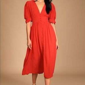 Lulus: Right Next To You Red Puff Sleeve Button-Up Midi Dress